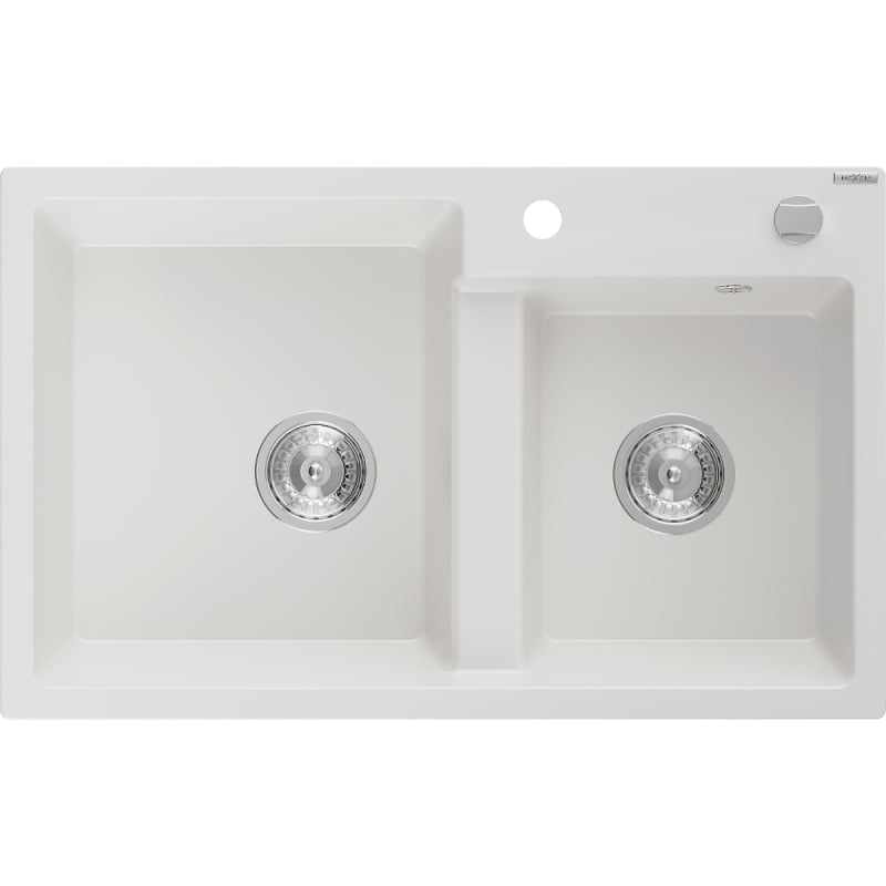 Mexen Tomas 2-bowl granite sink 800 x 500 mm, white, chrome siphon - 6516802000-20