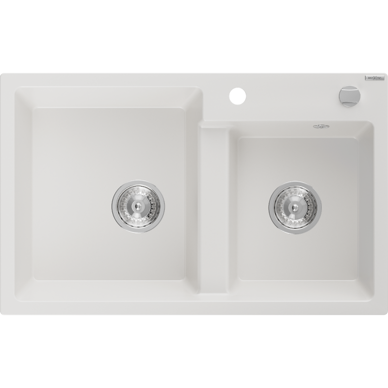 Mexen Tomas granite double-bowl sink 800 x 500 mm, white, chrome siphon - 6516802000-20