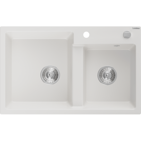 Mexen Tomas 2-bowl granite sink 800 x 500 mm, white, chrome siphon - 6516802000-20