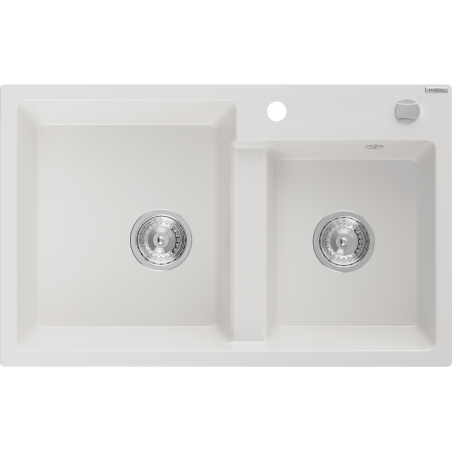 Mexen Tomas granite double-bowl sink 800 x 500 mm, white, chrome siphon - 6516802000-20