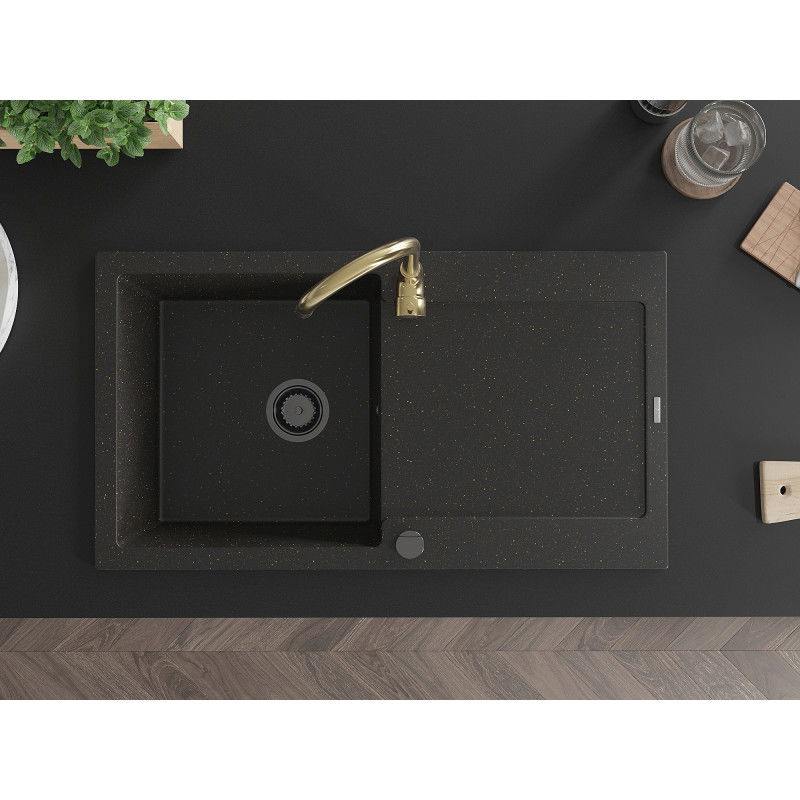 Mexen Leo granite kitchen sink 1-bowl with drainer and Telma kitchen tap, black/gold metallic - 6501-75-670200-50-B
