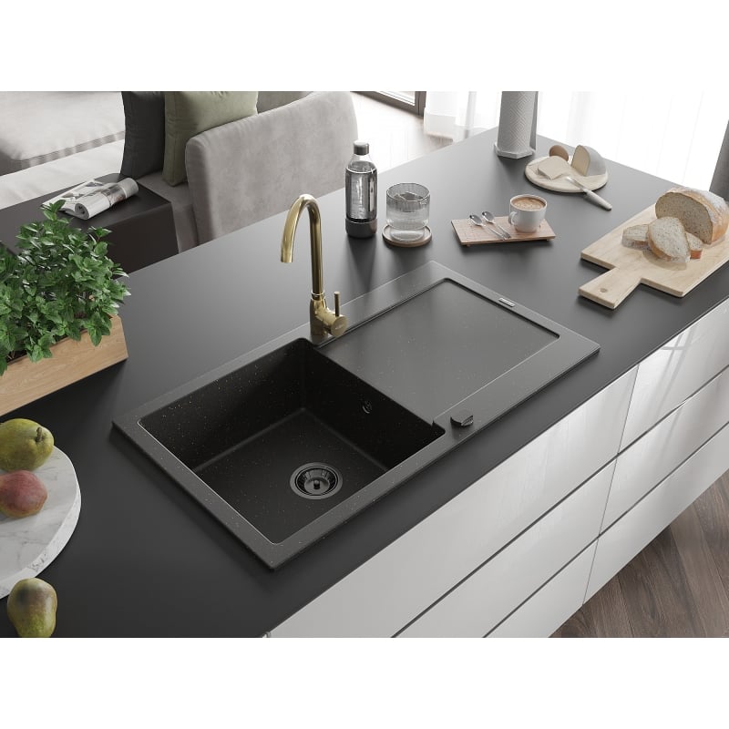 Mexen Leo 1-bowl granite sink with drainer and Telma kitchen faucet, black/gold metallic - 6501-75-670200-50-B