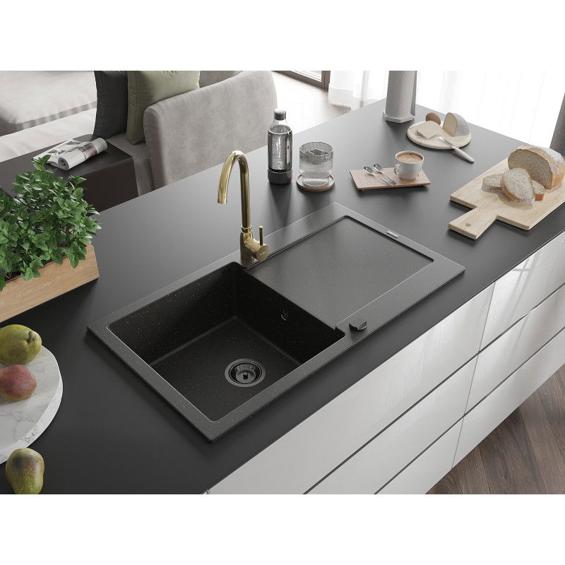 Mexen Leo granite kitchen sink 1-bowl with drainer and Telma kitchen tap, black/gold metallic - 6501-75-670200-50-B