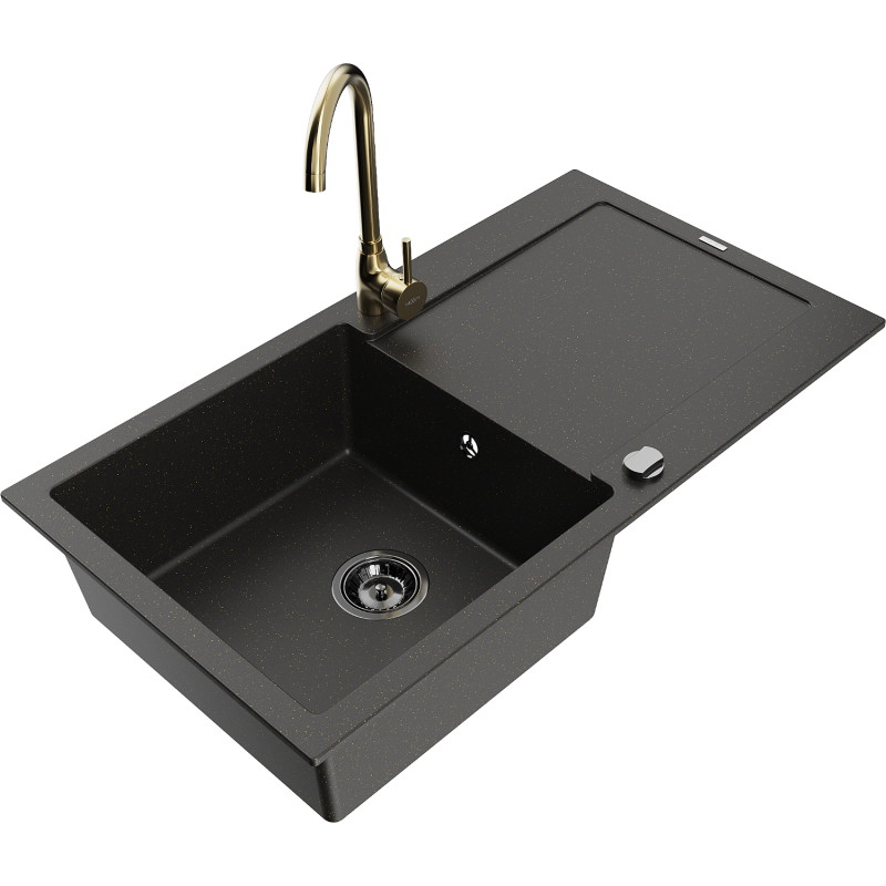 Mexen Leo 1-bowl granite sink with drainer and Telma kitchen faucet, black/gold metallic - 6501-75-670200-50-B