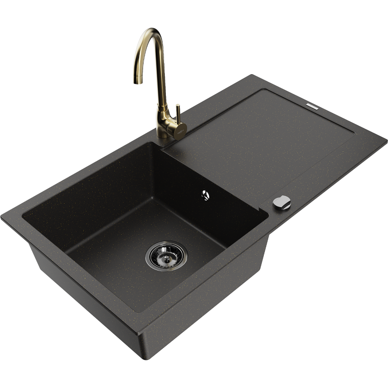 Mexen Leo granite kitchen sink 1-bowl with drainer and Telma kitchen tap, black/gold metallic - 6501-75-670200-50-B