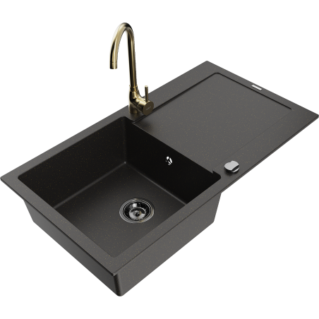 Mexen Leo 1-bowl granite sink with drainer and Telma kitchen faucet, black/gold metallic - 6501-75-670200-50-B