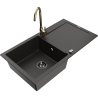 Mexen Leo granite kitchen sink 1-bowl with drainer and Telma kitchen tap, black/gold metallic - 6501-75-670200-50-B