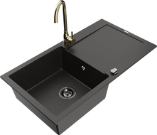 Mexen Leo 1-bowl granite sink with drainer and Telma kitchen faucet, black/gold metallic - 6501-75-670200-50-B