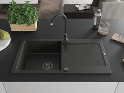 Mexen Leo granit sink 1-bowl with drainer and kitchen faucet Telma, black/gold metallic - 6501-75-670200-70-B