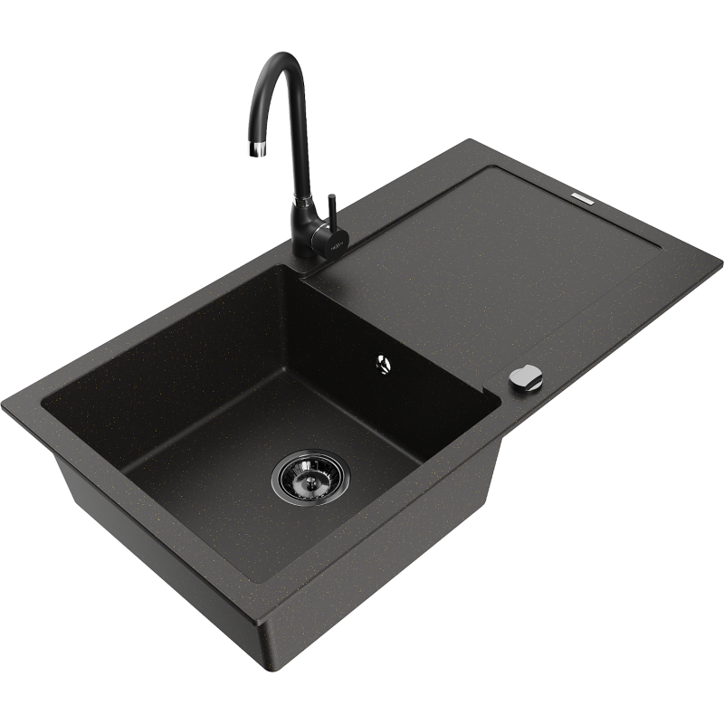 Mexen Leo 1-compartment granite sink with a drip tray and kitchen mixer tap Telma, Black/Gold metallic - 6501-75-670200-70-B