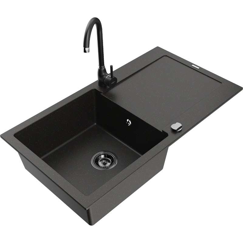 Mexen Leo granit sink 1-bowl with drainer and kitchen faucet Telma, black/gold metallic - 6501-75-670200-70-B
