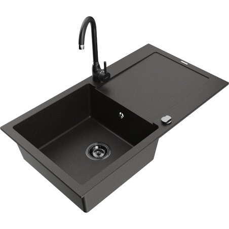 Mexen Leo granite kitchen sink with 1 bowl, drainer, and Telma kitchen faucet, black/gold metallic - 6501-75-670200-70-B