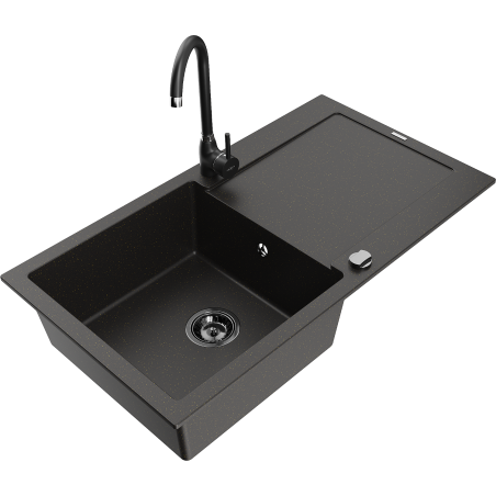 Mexen Leo granite sink 1-bowl with drainer and Telma kitchen tap, black/gold metallic - 6501-75-670200-70-B