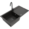 Mexen Leo granite kitchen sink with 1 bowl, drainer, and Telma kitchen faucet, black/gold metallic - 6501-75-670200-70-B