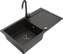 Mexen Leo granit sink 1-bowl with drainer and kitchen faucet Telma, black/gold metallic - 6501-75-670200-70-B