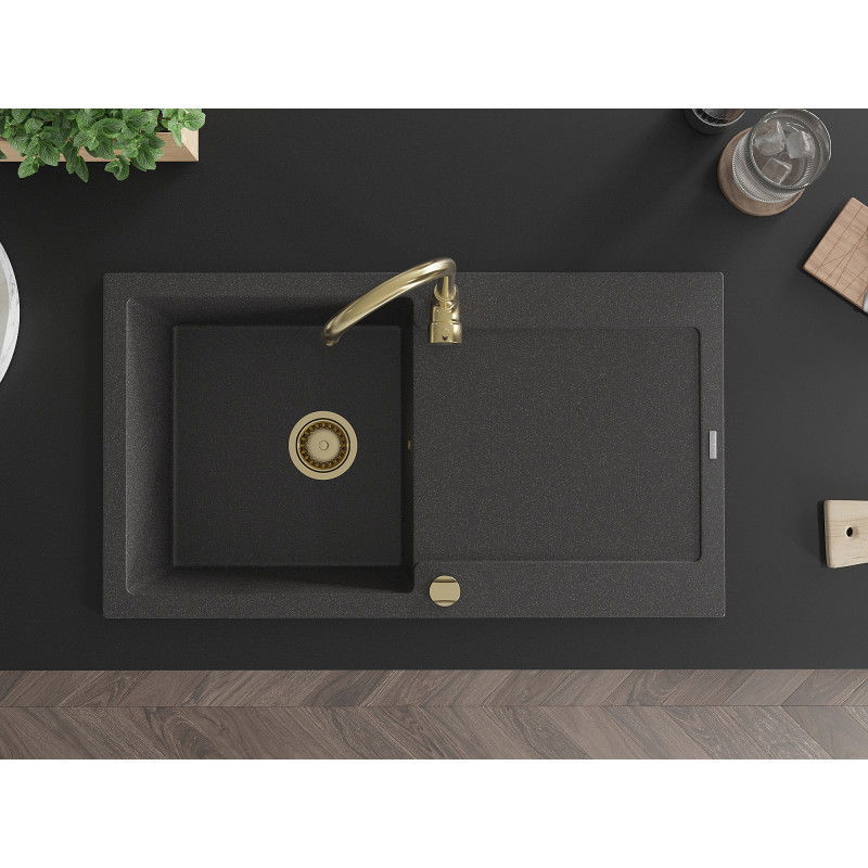 Mexen Leo 1-bowl granite sink with drainer and Telma kitchen tap, speckled black - 6501-76-670200-50