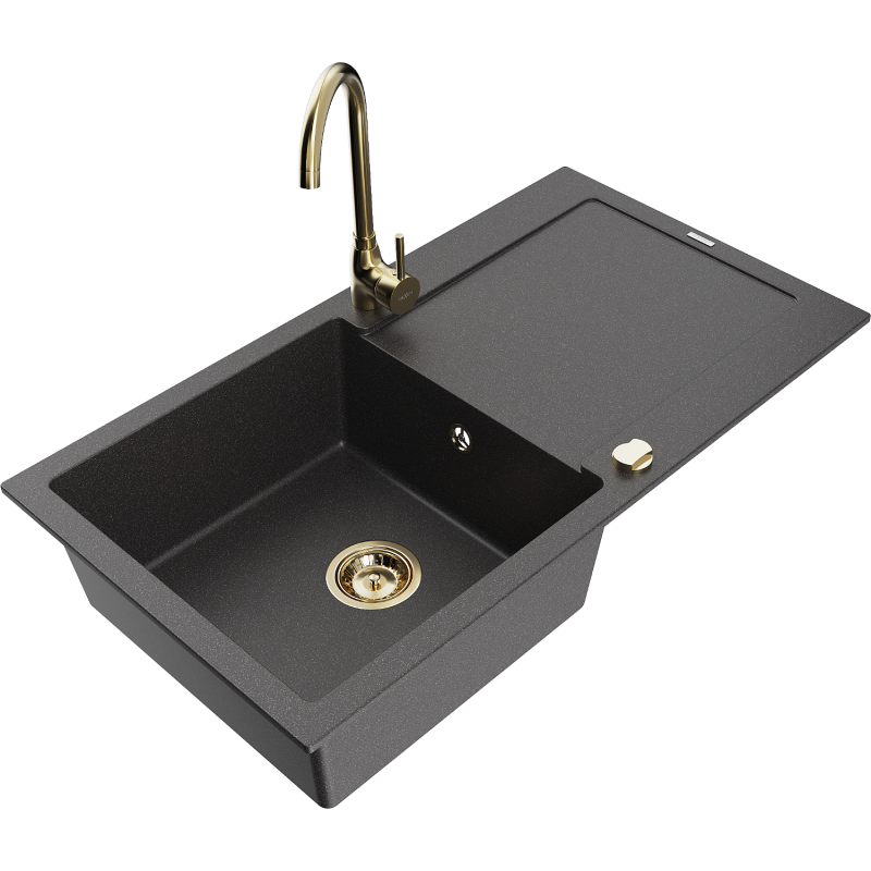 Mexen Leo 1-bowl granite sink with drainer and Telma kitchen tap, speckled black - 6501-76-670200-50