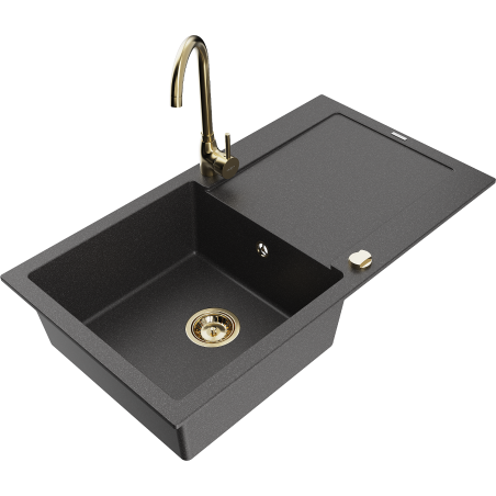 Mexen Leo granite kitchen sink 1-bowl with drainer and kitchen faucet Telma, black speckled - 6501-76-670200-50