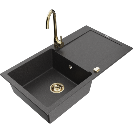 Mexen Leo granite sink 1-bowl with drainer and kitchen faucet Telma, black speckled - 6501-76-670200-50