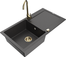 Mexen Leo granite kitchen sink 1-bowl with drainer and kitchen faucet Telma, black speckled - 6501-76-670200-50