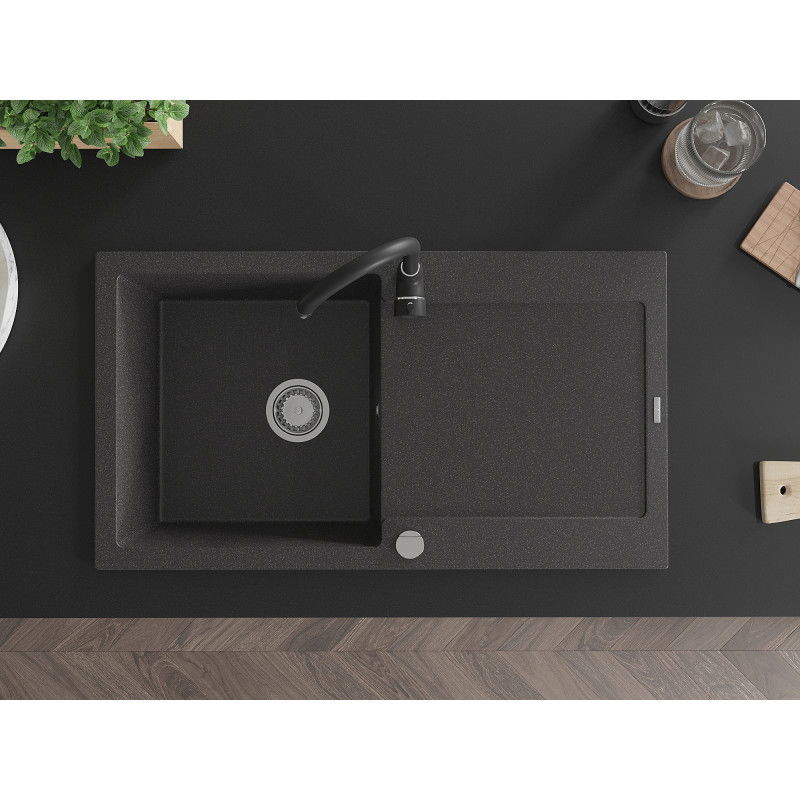 Mexen Leo 1-bowl granite sink with drainer and Telma kitchen tap, speckled black - 6501-76-670200-70