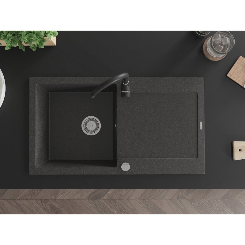 Mexen Leo granite kitchen sink with 1 bowl, drainer, and Telma kitchen faucet, black speckled - 6501-76-670200-70