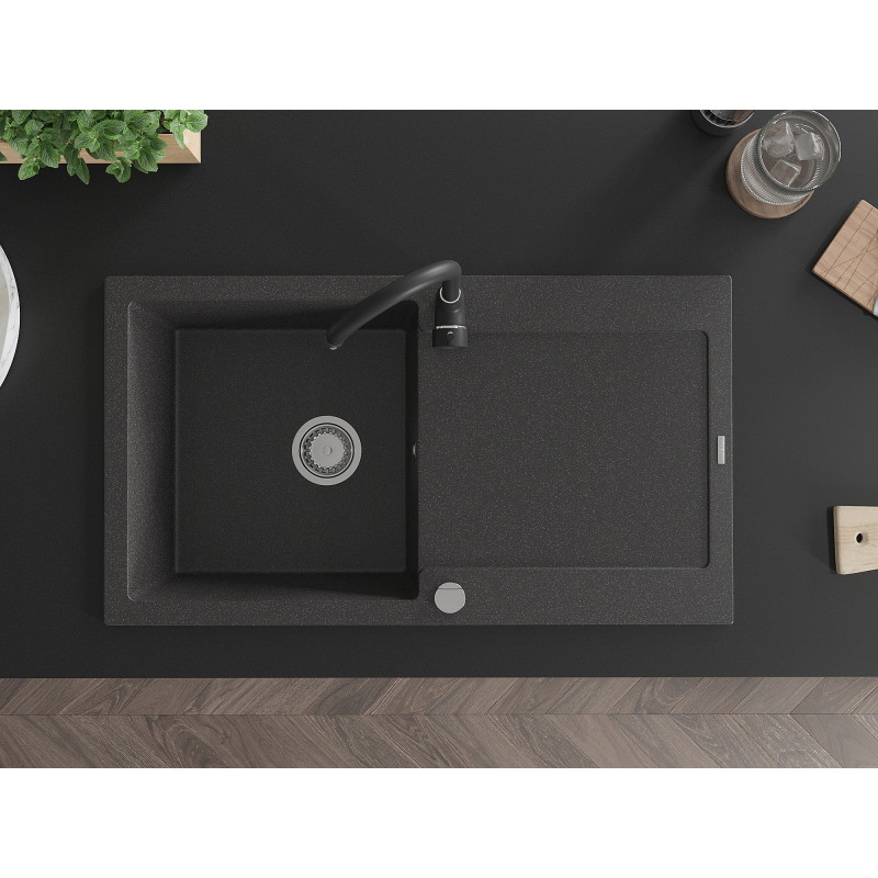 Mexen Leo granite sink 1-bowl with drainer and Telma kitchen faucet, black speckled - 6501-76-670200-70