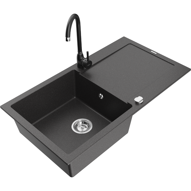 Mexen Leo 1-bowl granite sink with drainer and Telma kitchen tap, speckled black - 6501-76-670200-70