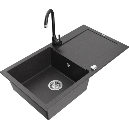 Mexen Leo 1-bowl granite sink with drainer and Telma kitchen tap, speckled black - 6501-76-670200-70