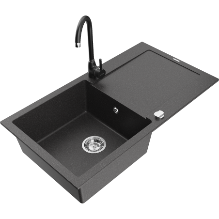 Mexen Leo granite sink 1-bowl with drainer and Telma kitchen faucet, black speckled - 6501-76-670200-70