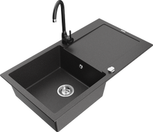 Mexen Leo granite sink 1-bowl with drainer and Telma kitchen faucet, black speckled - 6501-76-670200-70