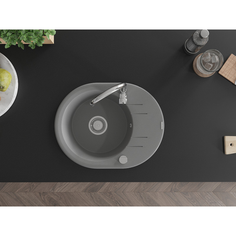 Mexen Kevin 1-bowl granite sink with drip tray 586 x 458 mm, gray, chrome siphon - 6517581005-71