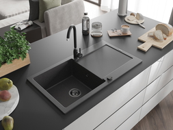 Mexen Leo 1-bowl granite kitchen sink with drainer and Telma kitchen tap, black speckled - 6501-76-670200-70-B