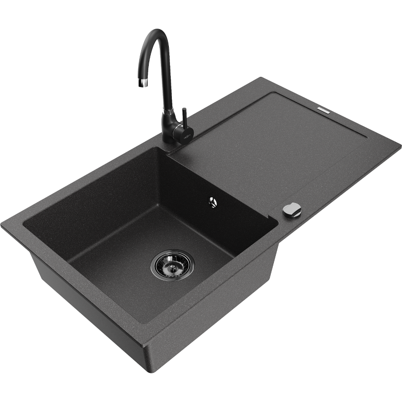 Mexen Leo 1-compartment granite sink with a drip tray and kitchen mixer tap Telma, spotted black - 6501-76-670200-70-B