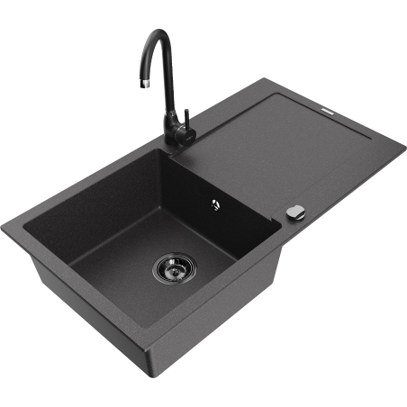 Mexen Leo granite kitchen sink single-bowl with drainer and kitchen faucet Telma, black speckled - 6501-76-670200-70-B