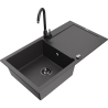 Mexen Leo 1-bowl granite kitchen sink with drainer and Telma kitchen tap, black speckled - 6501-76-670200-70-B