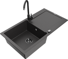 Mexen Leo granite kitchen sink single-bowl with drainer and kitchen faucet Telma, black speckled - 6501-76-670200-70-B