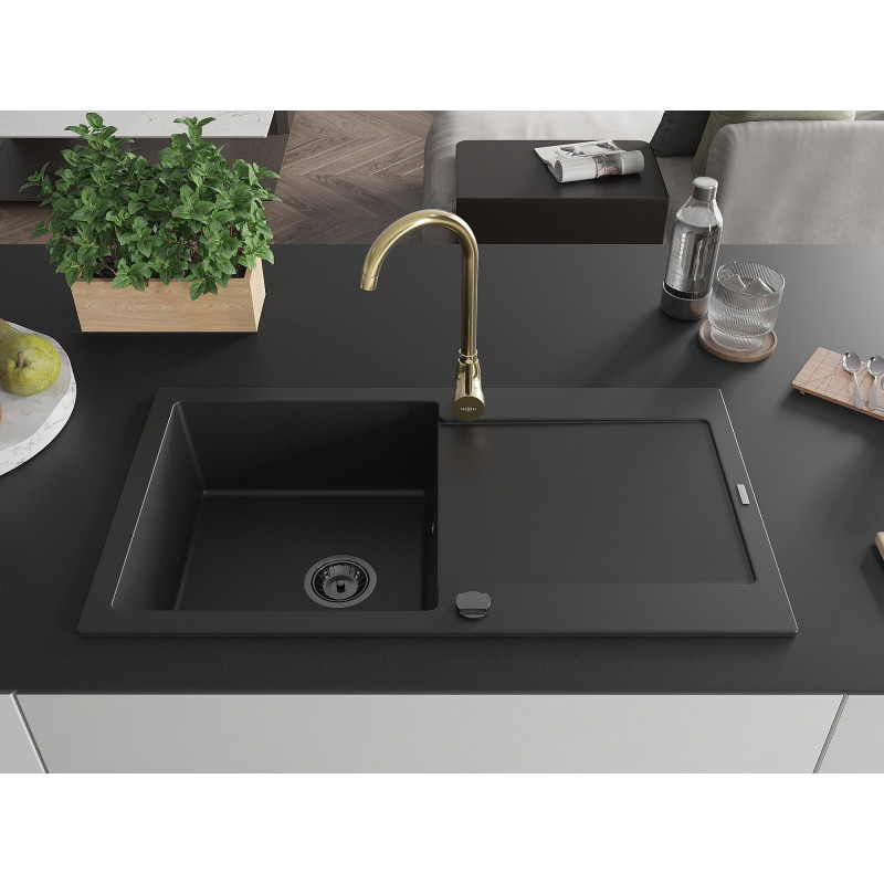 Mexen Leo 1-bowl granite sink with drainer and Telma kitchen faucet, black - 6501-77-670200-50-B