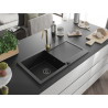 Mexen Leo 1-bowl granite sink with drainer and Telma kitchen faucet, black - 6501-77-670200-50-B
