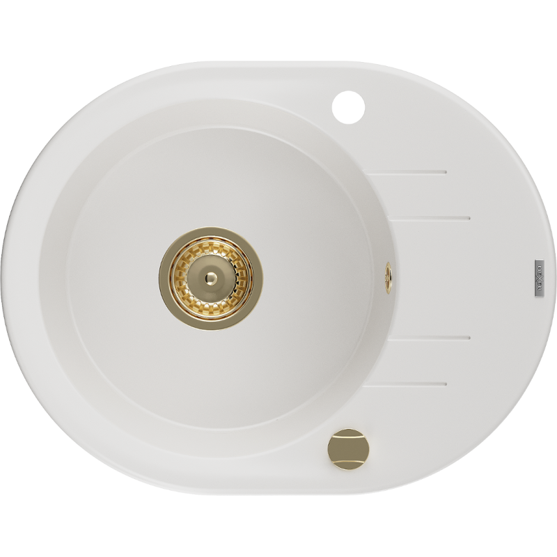 Mexen Kevin 1-compartment granite sink with a drip tray 586 x 458 mm, White, siphon Gold - 6517581005-20-G