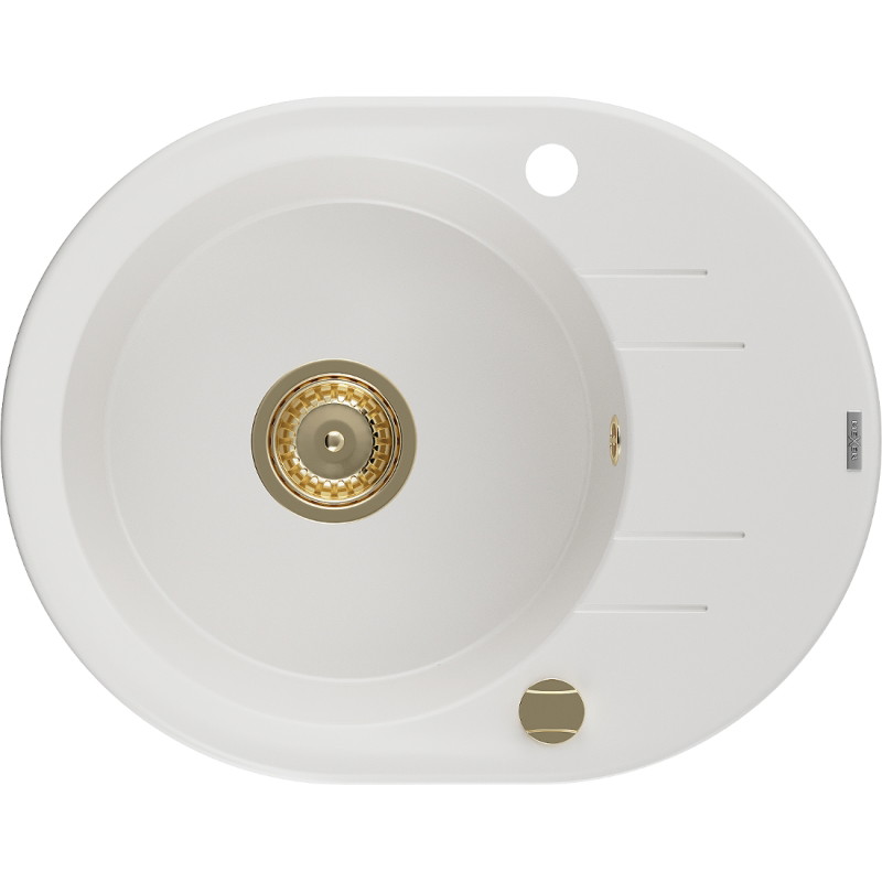 Mexen Kevin granit sink 1-bowl with drainer 586 x 458 mm, white, gold siphon - 6517581005-20-G