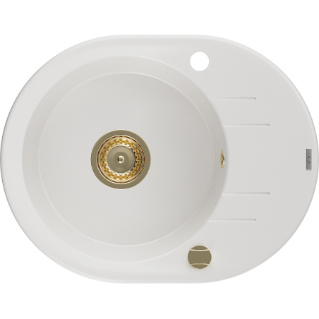 Mexen Kevin 1-bowl granite sink with drainer 586 x 458 mm, white, gold siphon - 6517581005-20-G