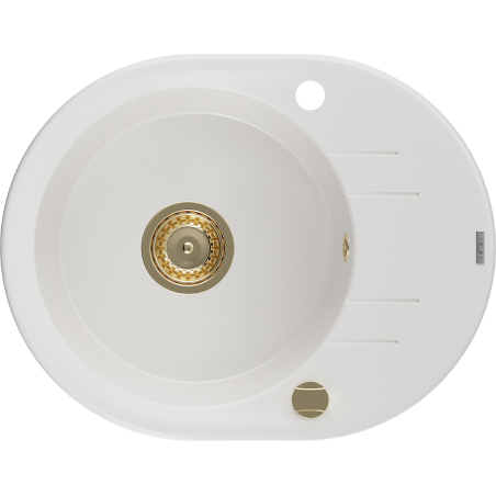 Mexen Kevin granit sink 1-bowl with drainer 586 x 458 mm, white, gold siphon - 6517581005-20-G