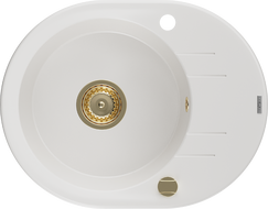 Mexen Kevin granit sink 1-bowl with drainer 586 x 458 mm, white, gold siphon - 6517581005-20-G