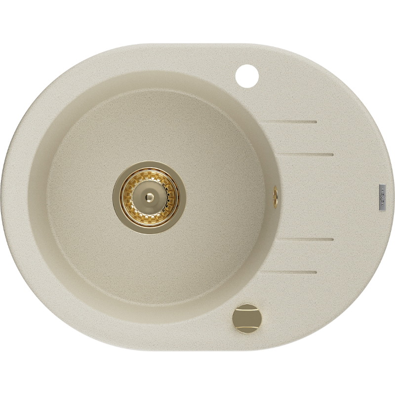 Mexen Kevin 1-bowl granite sink with drainer 586 x 458 mm, beige, golden siphon - 6517581005-69-G