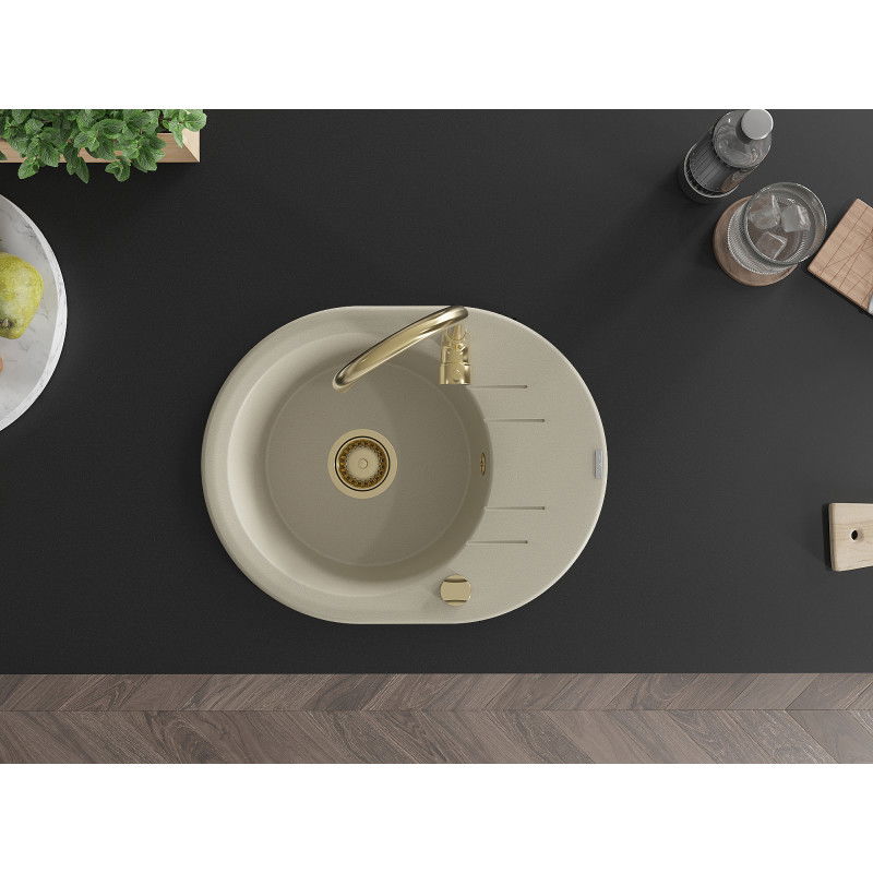 Mexen Kevin granite sink 1-bowl with drainer 586 x 458 mm, beige, gold siphon - 6517581005-69-G