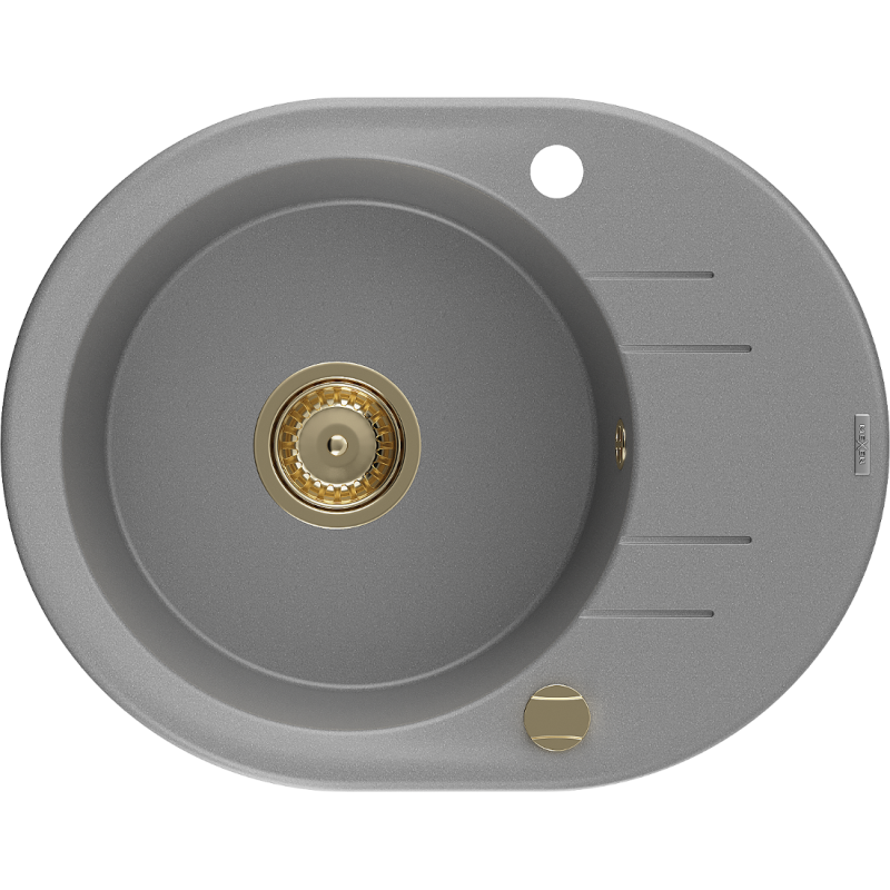Mexen Kevin 1-bowl granite sink with drainer 586 x 458 mm, gray, gold siphon - 6517581005-71-G