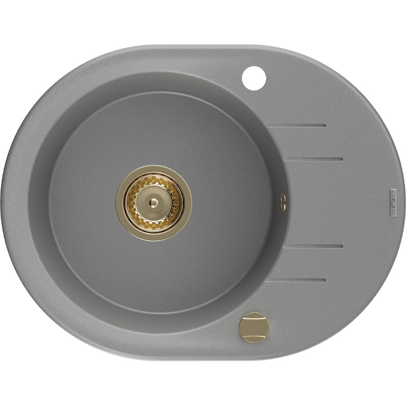 Mexen Kevin granite sink 1-bowl with drainer 586 x 458 mm, gray, gold siphon - 6517581005-71-G