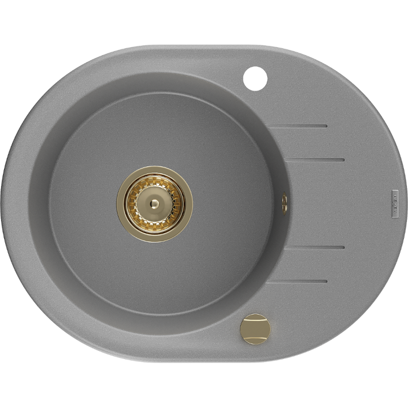 Mexen Kevin granite sink 1-bowl with drainer 586 x 458 mm, grey, golden siphon - 6517581005-71-G