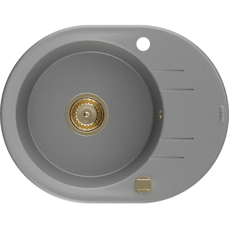 Mexen Kevin granite sink 1-bowl with drainer 586 x 458 mm, grey, golden siphon - 6517581005-71-G